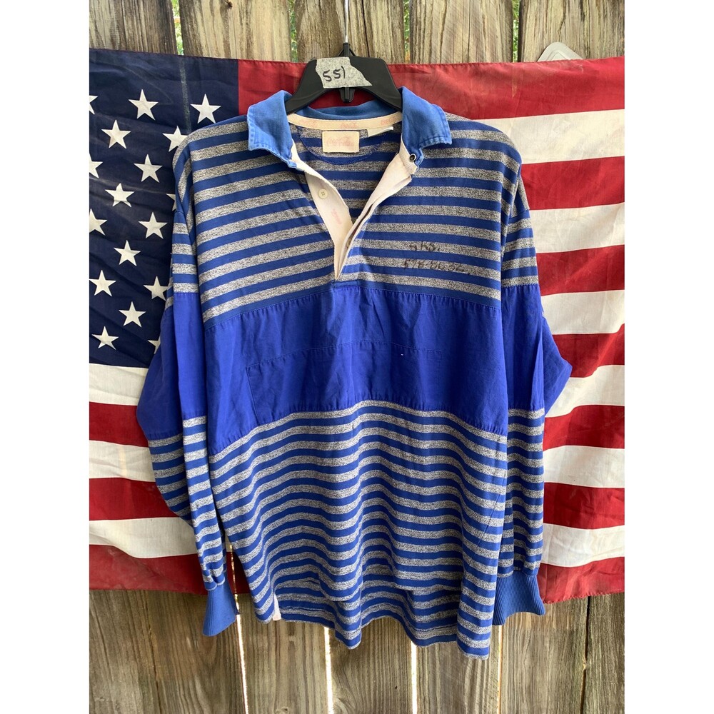 Vintage 90s Coca Cola Blue and grey striped rugby shirt L